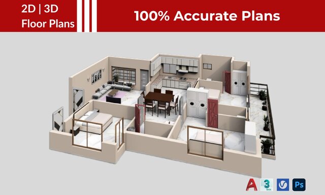 I will create accurate 3D floor plans from 2D CAD drawings image 2