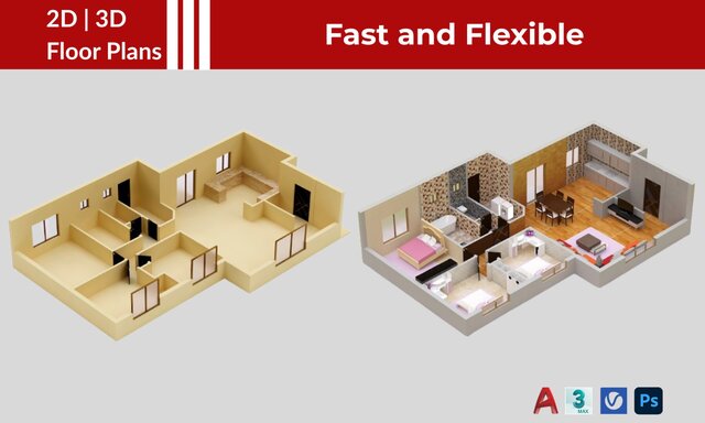 I will create accurate 3D floor plans from 2D CAD drawings image 5
